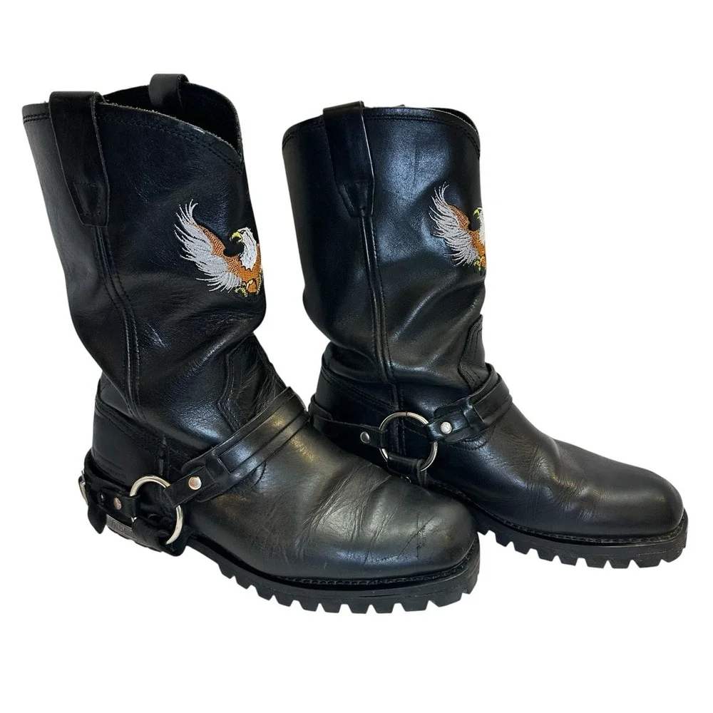 Xelement Men's 10 M Black Leather Eagle Harness Motorcycle Boots Vibram Sole